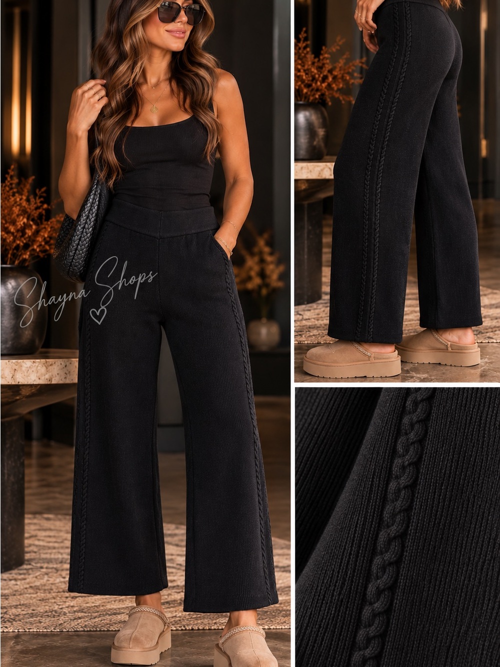 Zenana Outfitters Black Wide-Leg Knit Pants with Braid Trim